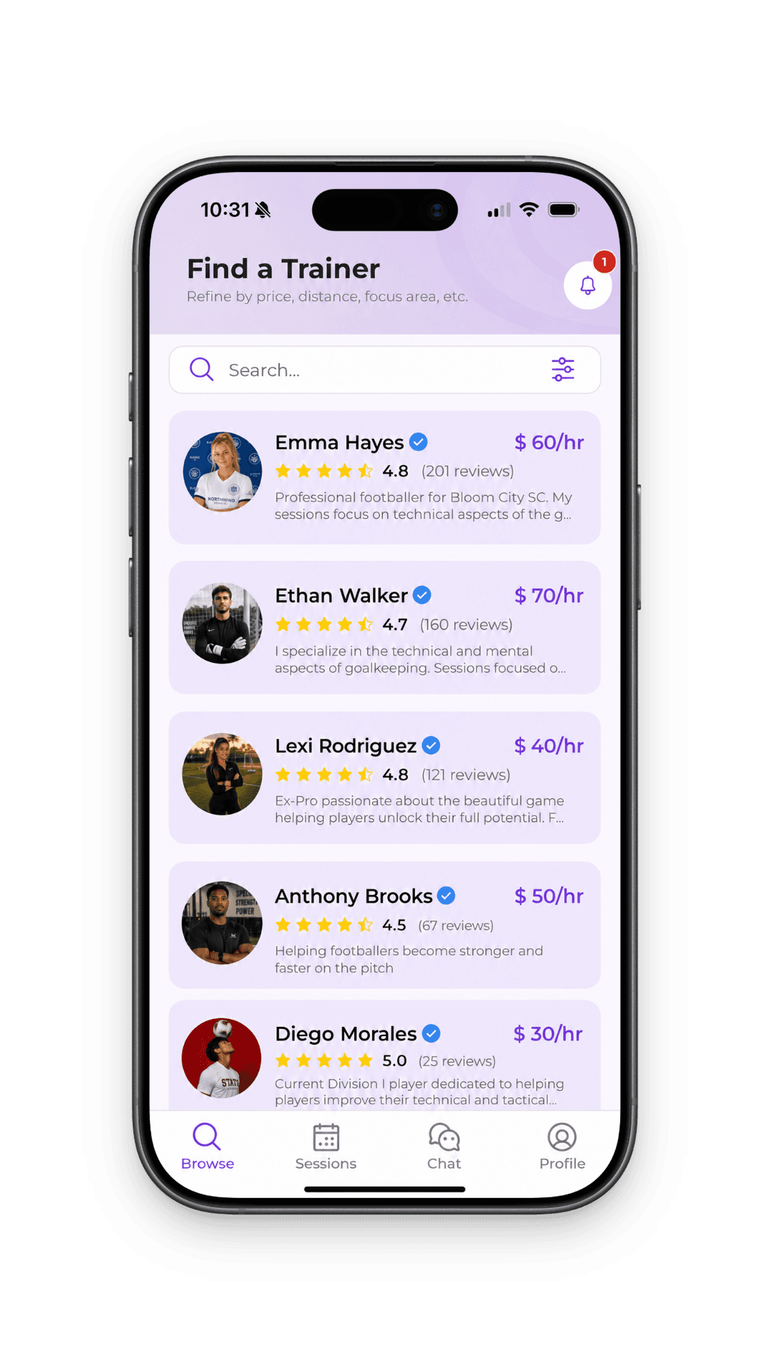 Matchfit browse screen showing soccer coaches