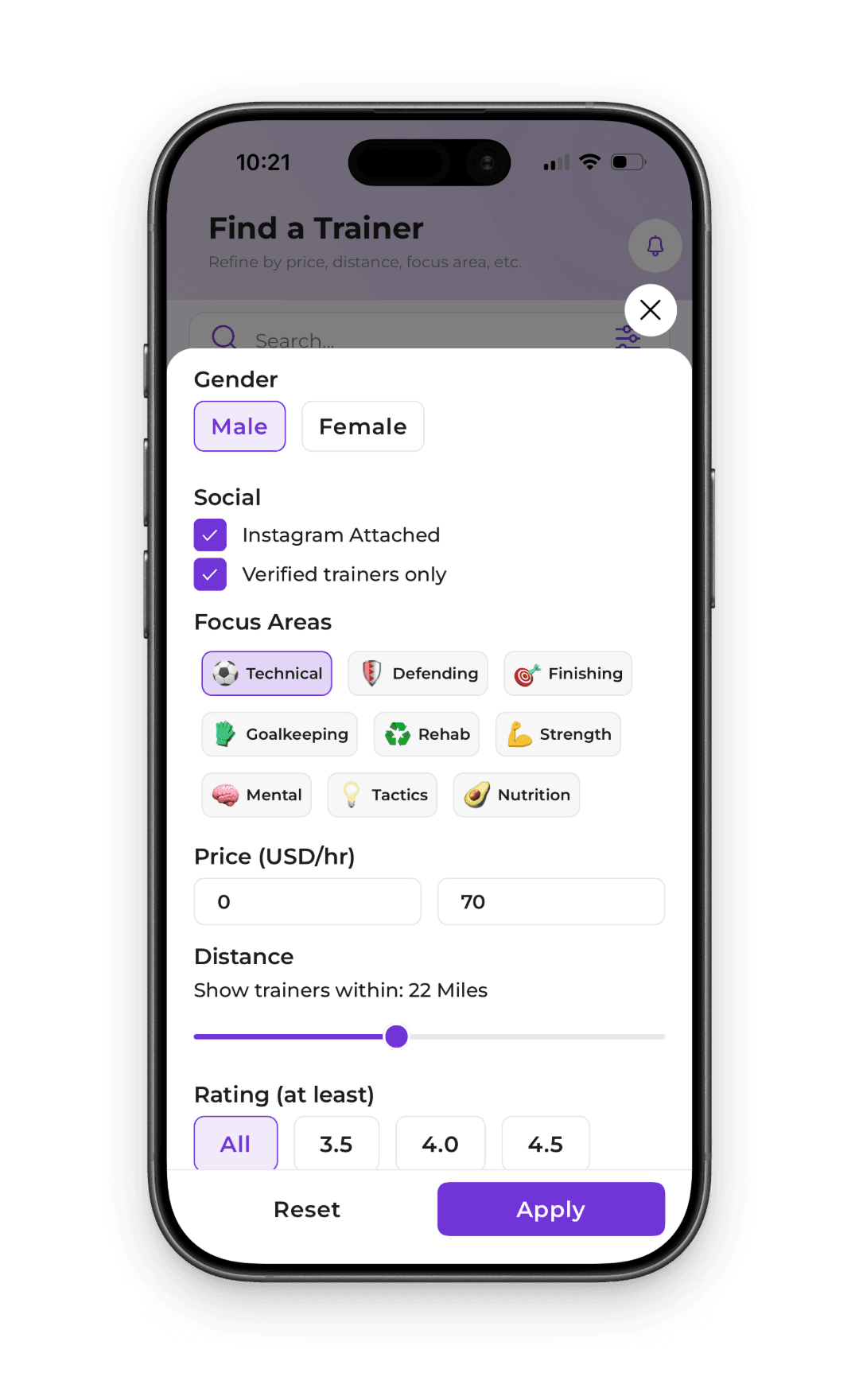 Matchfit filters screen