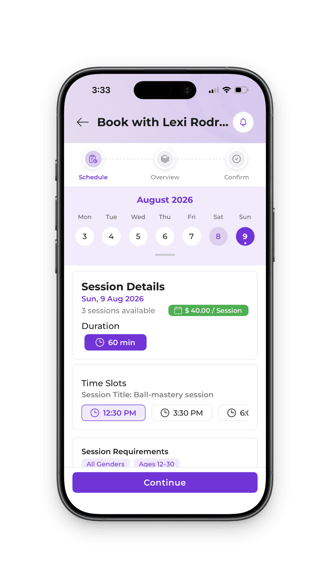 Booking schedule screen